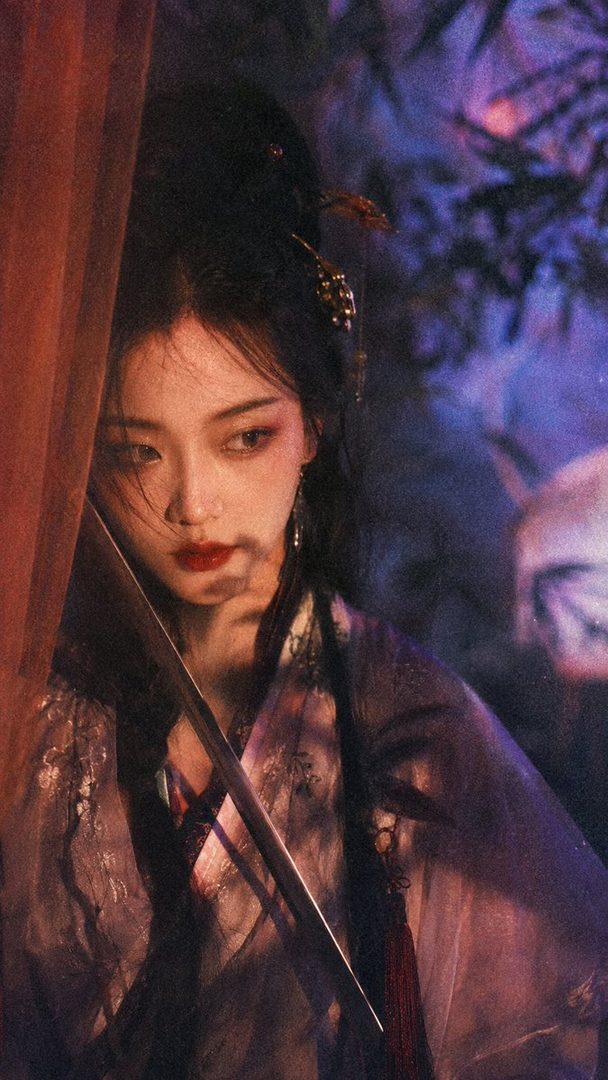A beautiful East Asian woman with long black hair, dressed in traditional attire, holding a sword, with a dreamy and cinematic atmosphere.