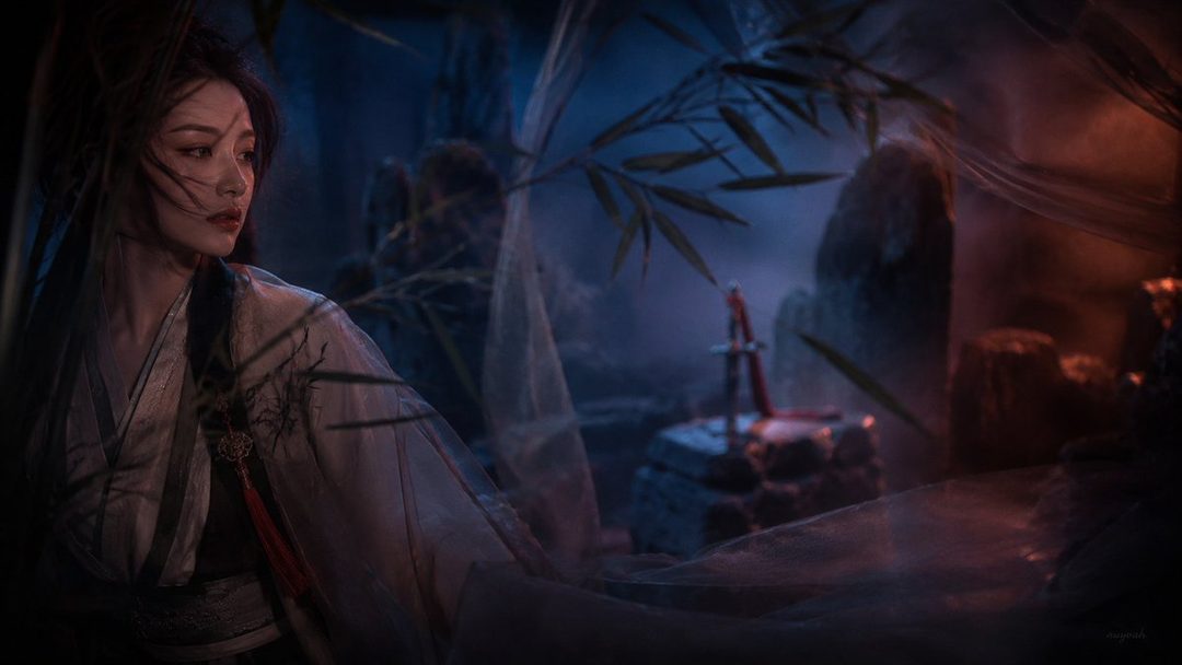 A young East Asian woman in traditional Chinese attire, with dark hair and makeup, poses in a dimly lit, atmospheric setting with flowing fabrics and subtle lighting.