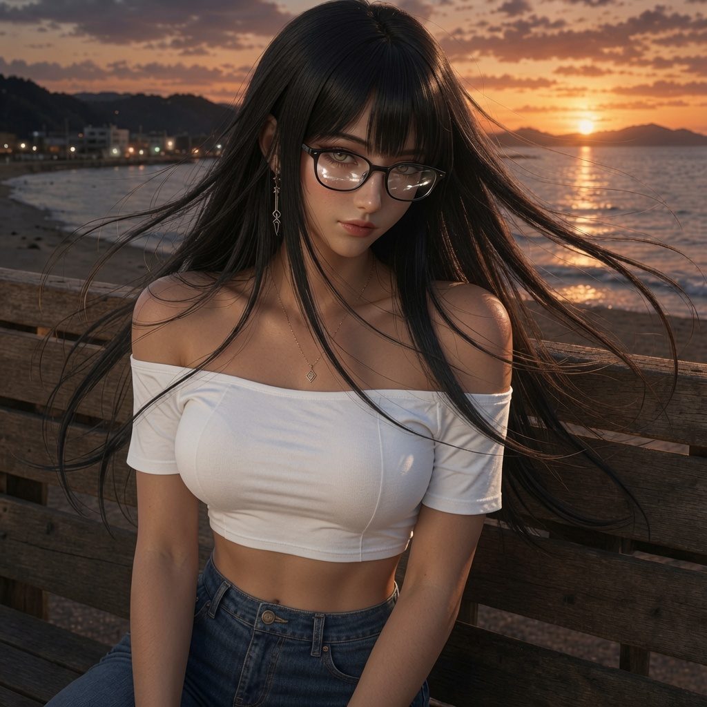 A beautiful AI-generated woman with long black hair and glasses, wearing a white off-the-shoulder crop top and jeans, sitting on a wooden bench by the beach at sunset.