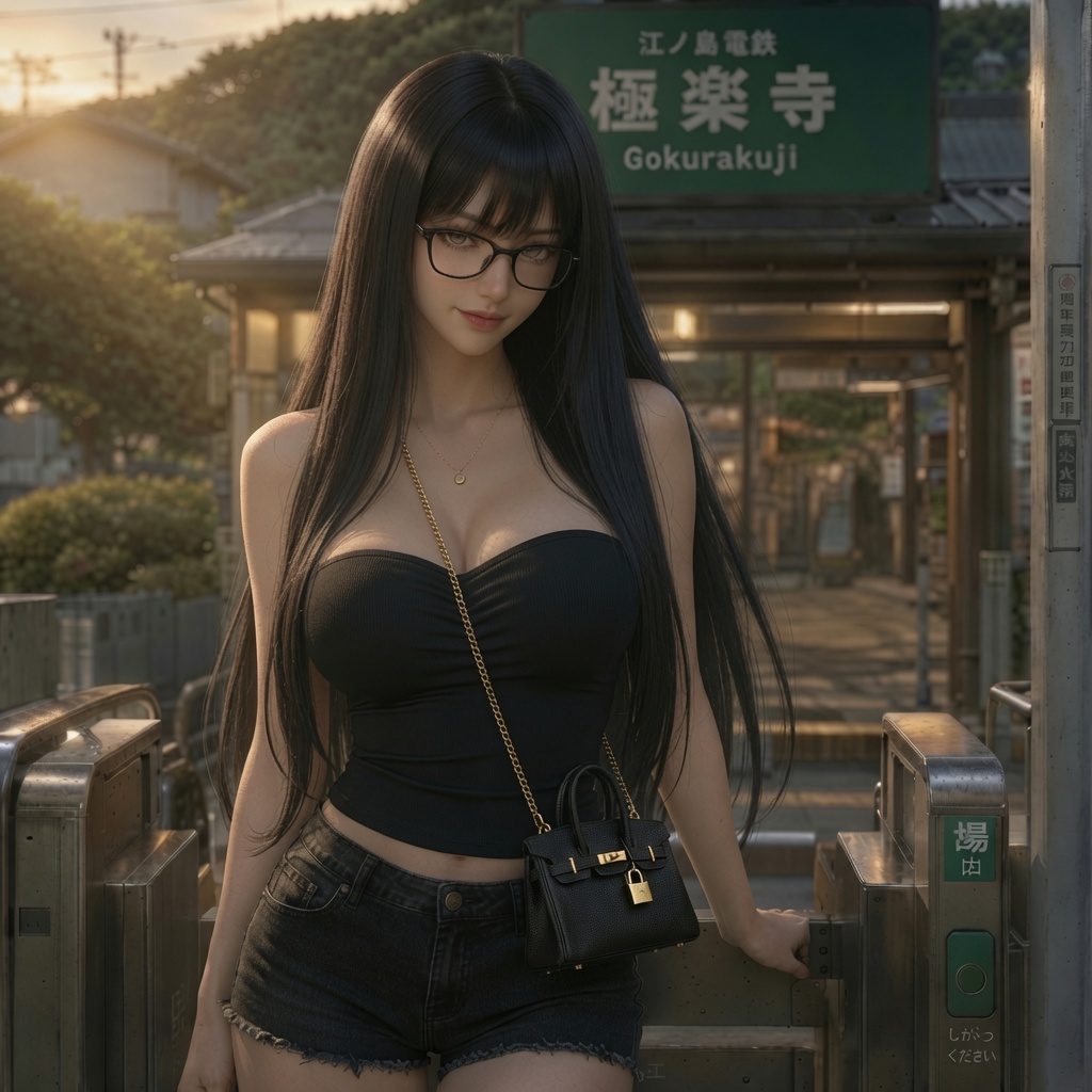 A beautiful AI-generated woman with long black hair and glasses, wearing a black tube top and denim shorts, stands at a train station entrance.