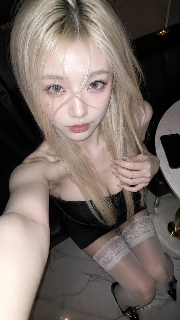 A young woman with blonde hair and striking blue eyes takes a selfie, wearing a black top and white lace thigh-high stockings.