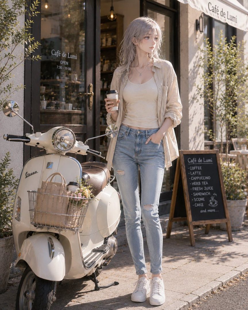 A young woman with silver hair stands next to a vintage scooter outside a cafe, holding a coffee cup.