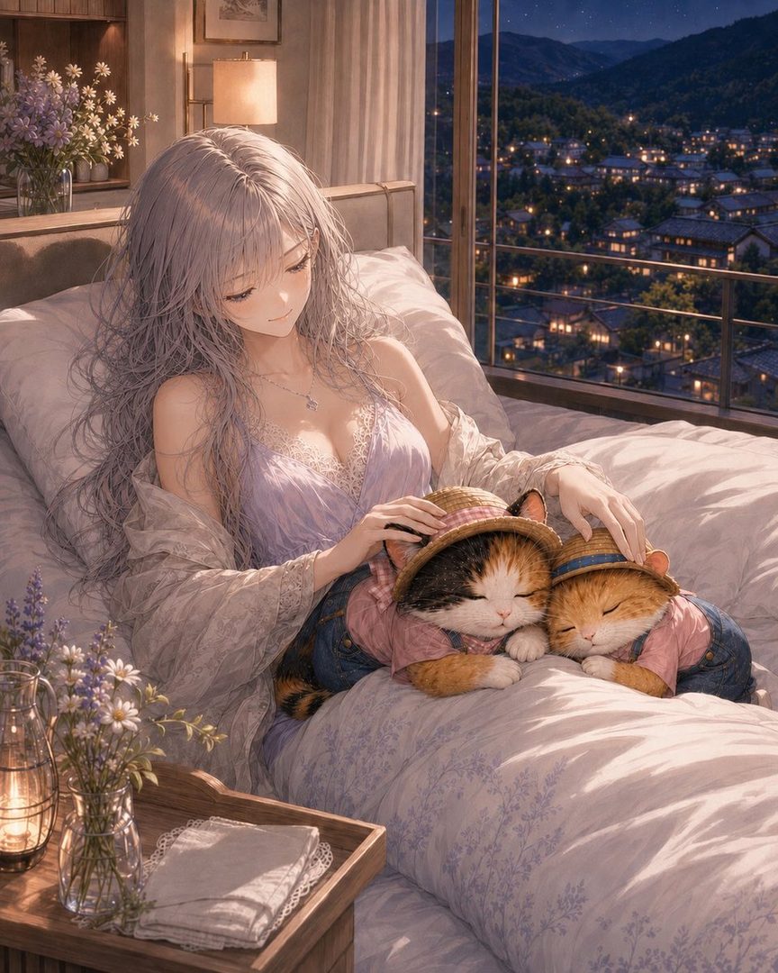 A serene AI-generated portrait of a young woman with long silver hair, wearing a delicate lavender slip and a sheer robe, resting in bed with two sleeping cats. The background shows a cozy bedroom scene with a window overlooking a twinkling night cityscape.