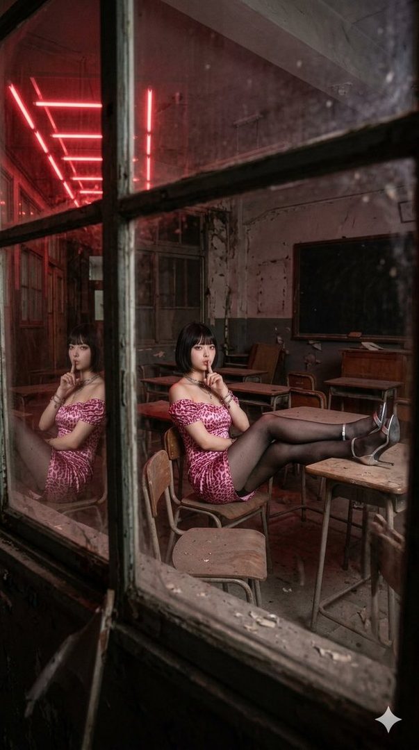 A young woman with short black hair, wearing a pink leopard print off-the-shoulder dress and black pantyhose, poses with her finger to her lips in a dimly lit, abandoned classroom with red neon lights reflecting in the window.