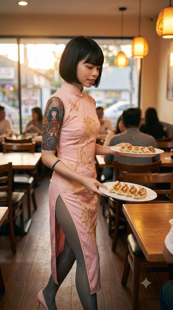 A young East Asian woman with a short black bob haircut, wearing a pink qipao dress with gold embroidery, serves plates of dumplings in a restaurant.