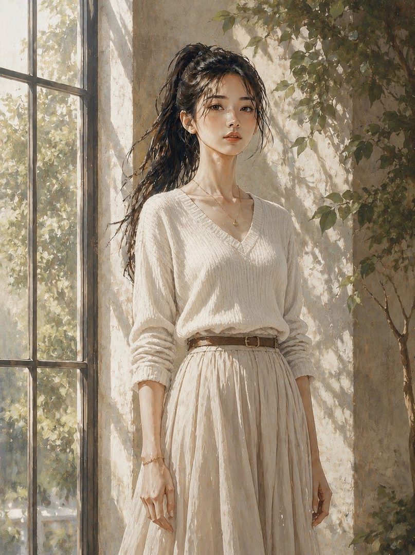 A young East Asian woman with long, dark hair in a ponytail stands indoors near a window, wearing a cream-colored sweater and a long skirt.