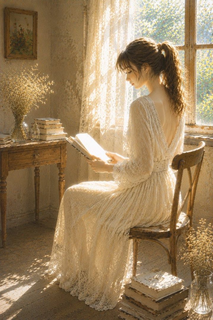 A young woman with her hair in a ponytail, wearing a long, lacy white dress, sits by a window reading a book in a sunlit room.