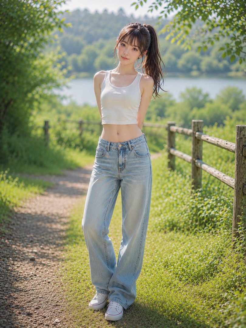 A young woman with a ponytail stands on a path by a lake, wearing a white tank top and jeans.