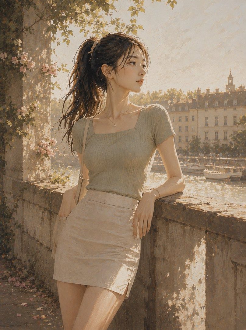 A young woman with her hair in a ponytail, wearing a light green top and a beige skirt, leans against a stone wall by a river in a European city.