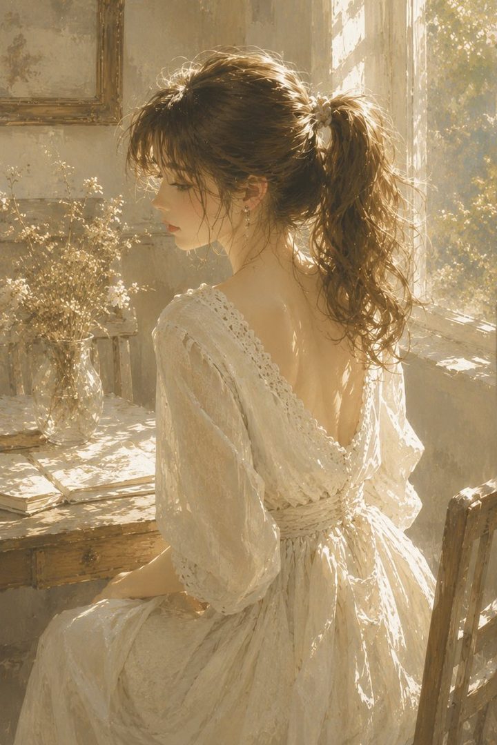 A young woman with brown hair in a ponytail, wearing a white lace dress, sits by a window bathed in soft sunlight, with a vase of flowers on a table.