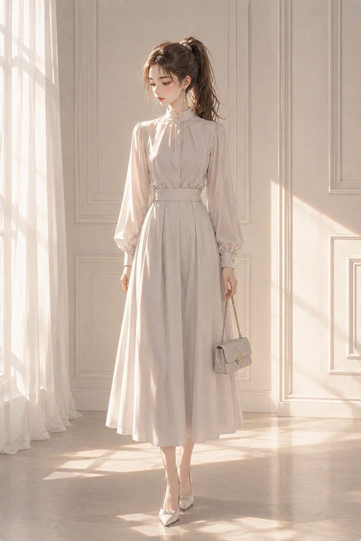 A young woman with a high ponytail, wearing an elegant light-colored dress and holding a small handbag, stands indoors with soft sunlight filtering through a window.
