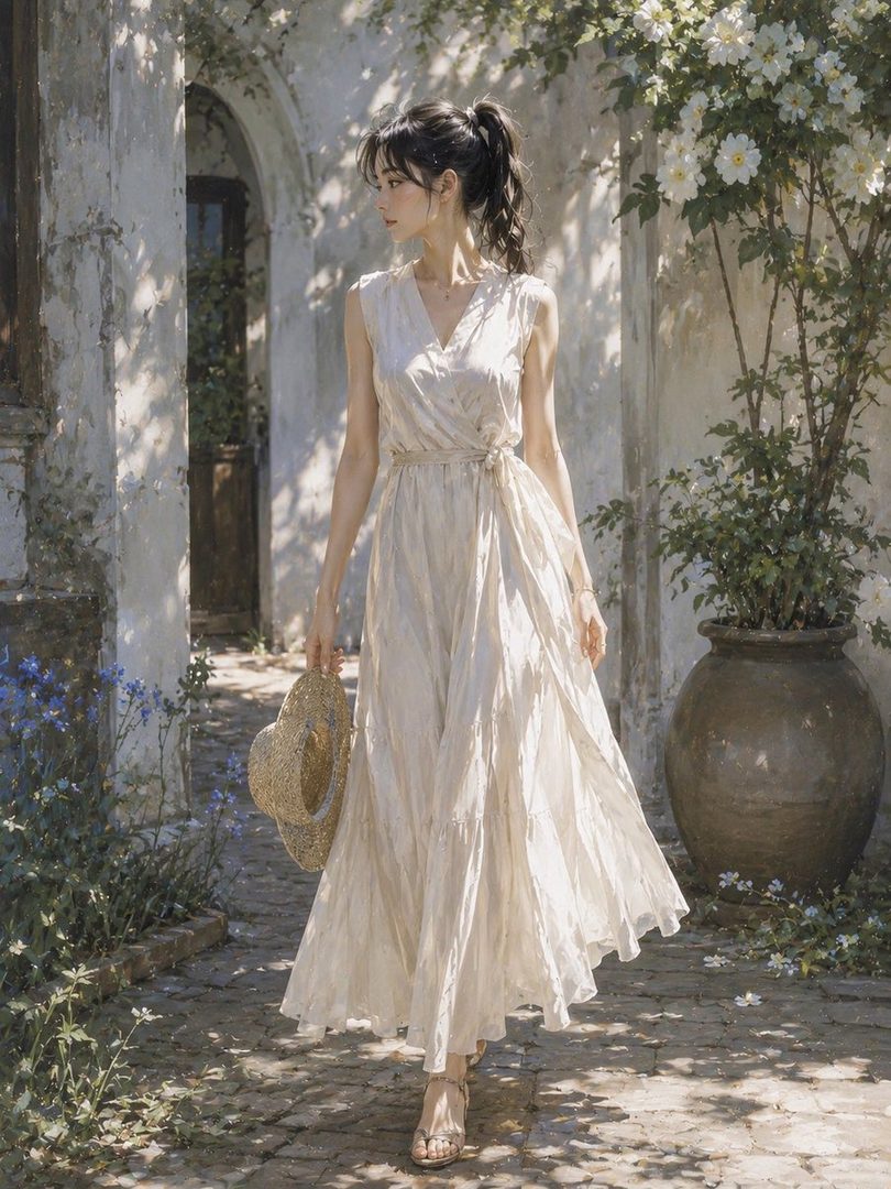 A young woman in a flowing white dress walks down a cobblestone path, holding a straw hat, with ivy-covered walls and blooming flowers around her.