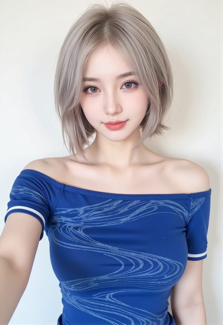 A young East Asian woman with short blonde hair and a blue off-the-shoulder top smiles at the camera.
