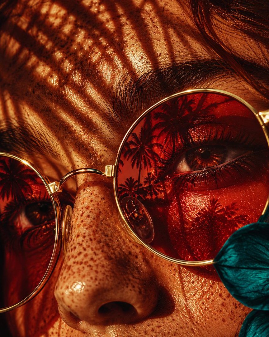 Close-up portrait of a young woman with freckles wearing round red sunglasses, with dappled palm shadows across her face and teal flowers.
