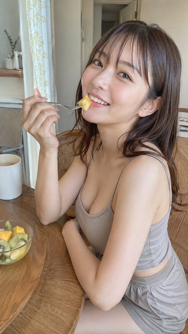 A young East Asian woman with brown hair smiles while eating fruit from a fork at a wooden table.