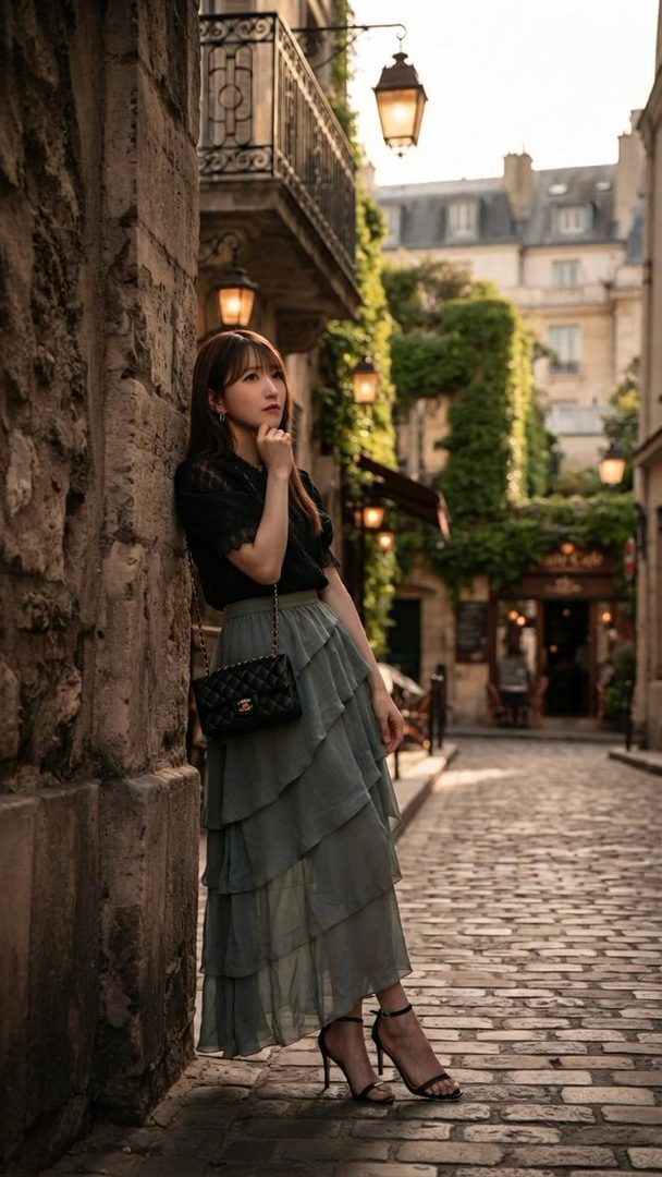 A young woman with long dark hair poses elegantly on a cobblestone street in a European city, wearing a black lace top and a flowing tiered skirt, holding a designer handbag.