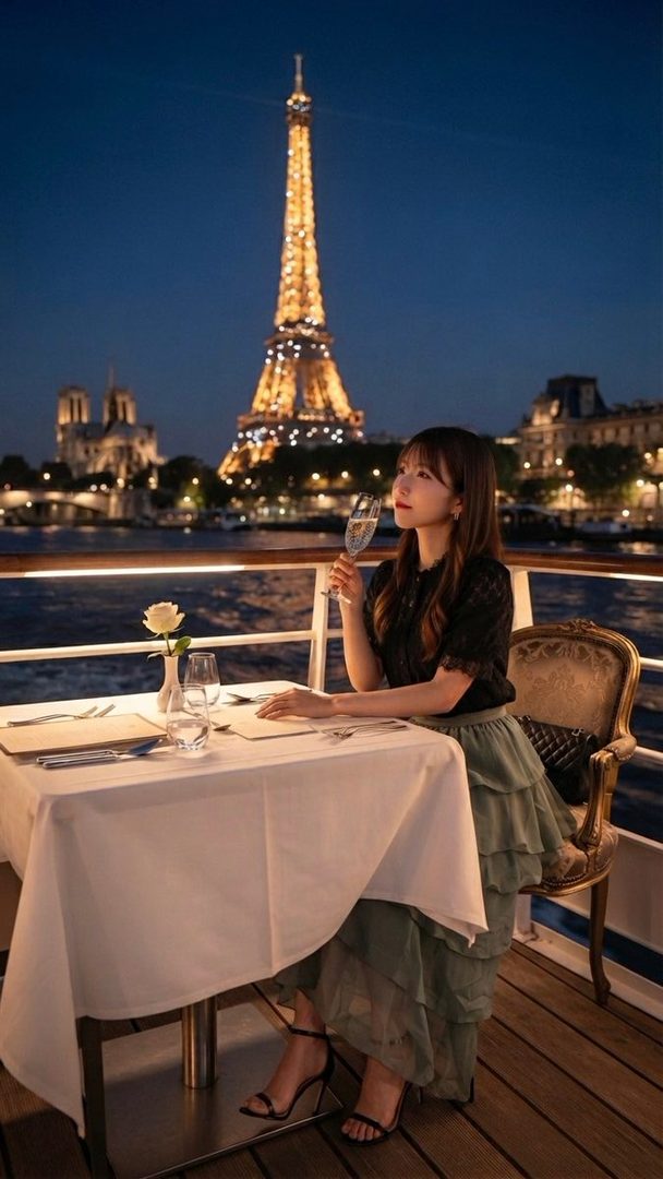 A woman enjoys a romantic dinner cruise with the Eiffel Tower illuminated in the background.