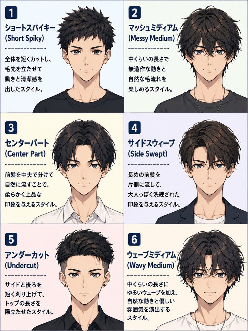 A collage of six AI-generated male portraits showcasing different hairstyles, from short spiky to wavy medium, with descriptions in Japanese.