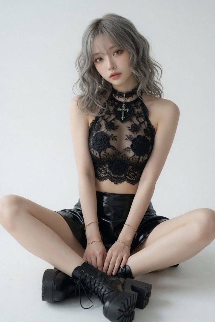 A young woman with long, wavy silver hair and bangs, wearing a black lace halter top with rose embroidery and a black choker with a cross pendant, sits cross-legged in a studio setting. She wears a shiny black mini skirt and black platform combat boots.