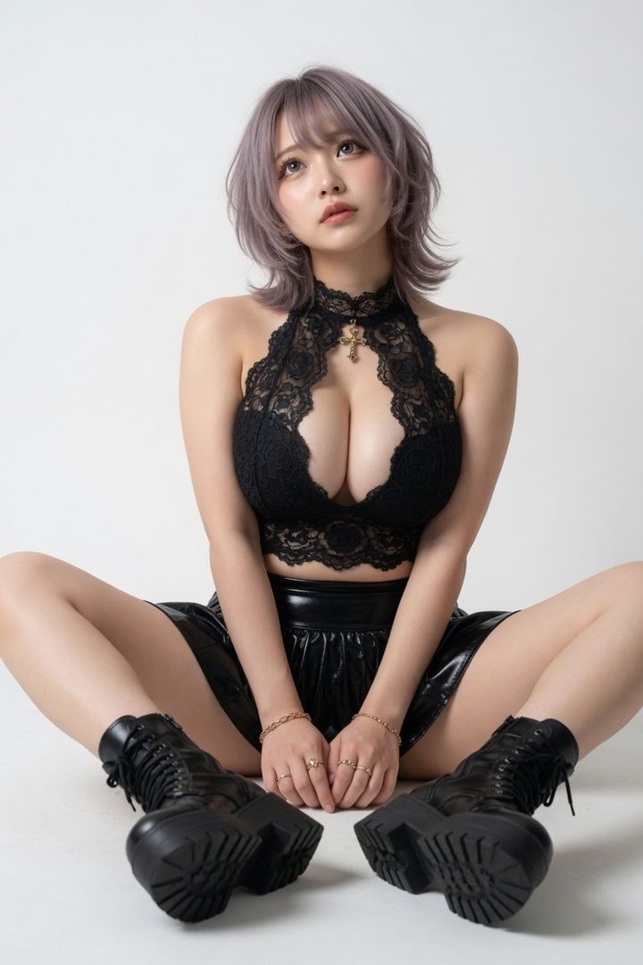 A young woman with short, silver hair and bangs, wearing a black lace halter top and a black leather skirt, sits on the floor with her legs spread, looking up.