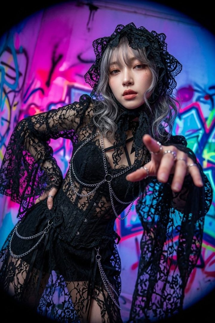 A young woman with silver hair and bangs, wearing a black lace gothic dress with chains, poses against a graffiti-covered wall.