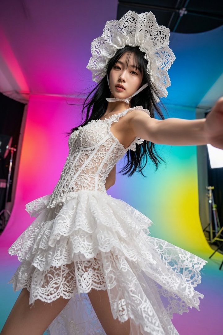 A young woman with long black hair, wearing a white lace dress and a matching headdress, poses in a studio with a colorful gradient background.