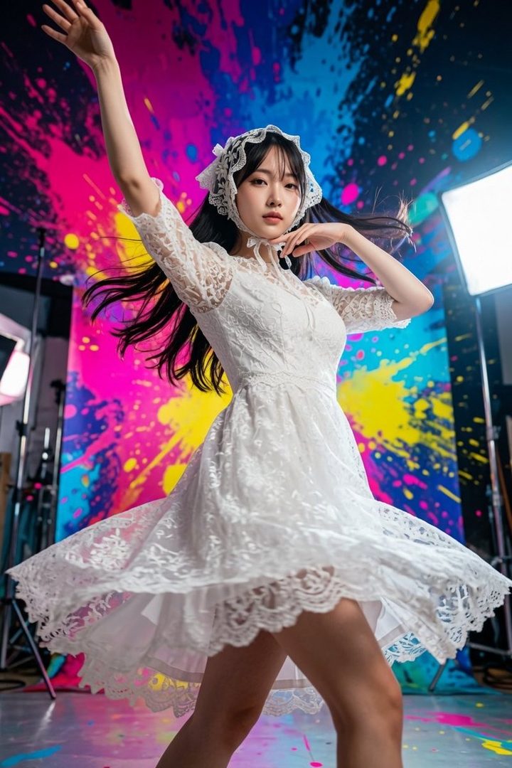 A young woman with long black hair, wearing a white lace dress and a bonnet, poses dynamically in a studio with a colorful, abstract background.