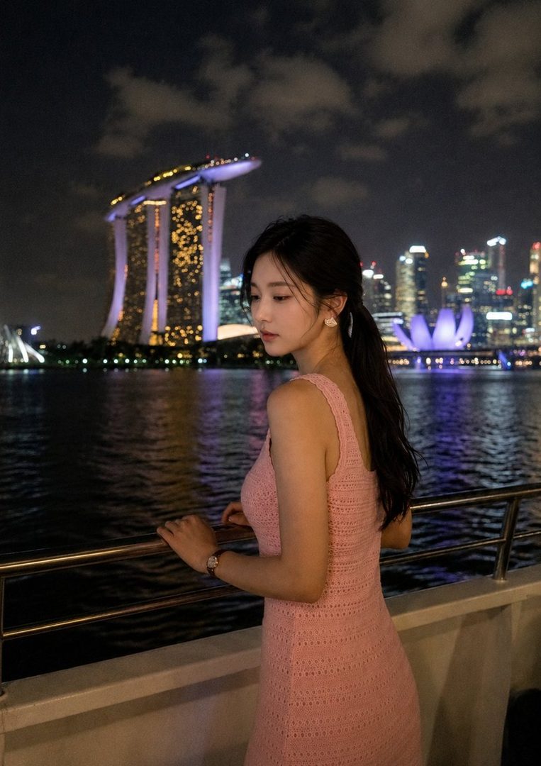 A young woman in a pink knit dress stands on a boat, looking out at the illuminated Singapore city skyline and Marina Bay Sands at night.