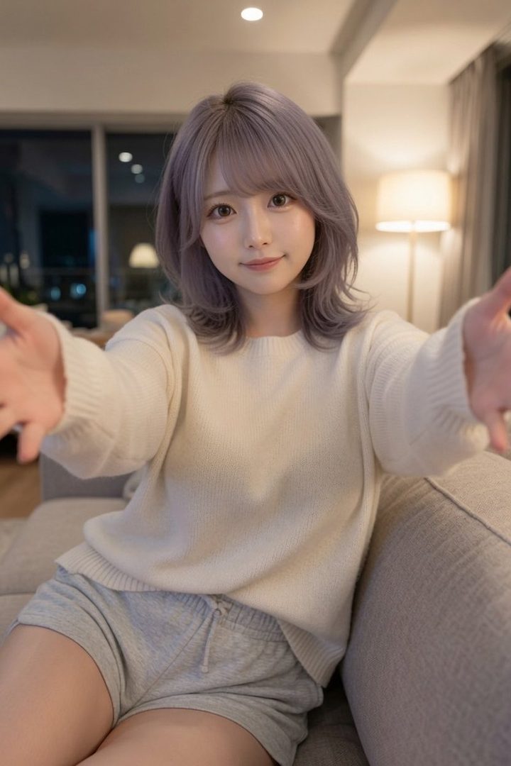 A young Japanese woman with light purple hair and bangs, wearing a white sweater and grey shorts, smiles at the camera with her arms outstretched.