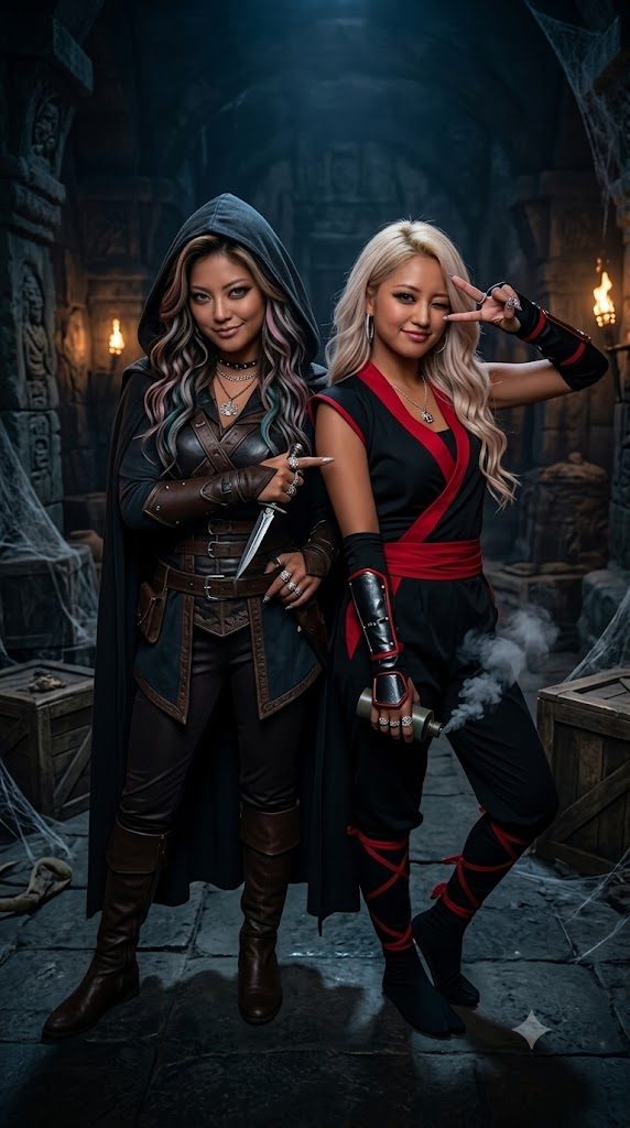 Two women dressed as assassins or ninjas, posing in a dark, dungeon-like setting.