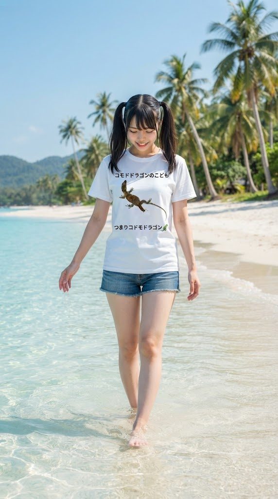 A young woman with black pigtails walks along a tropical beach, wearing a white t-shirt and denim shorts, with palm trees and clear blue water in the background.