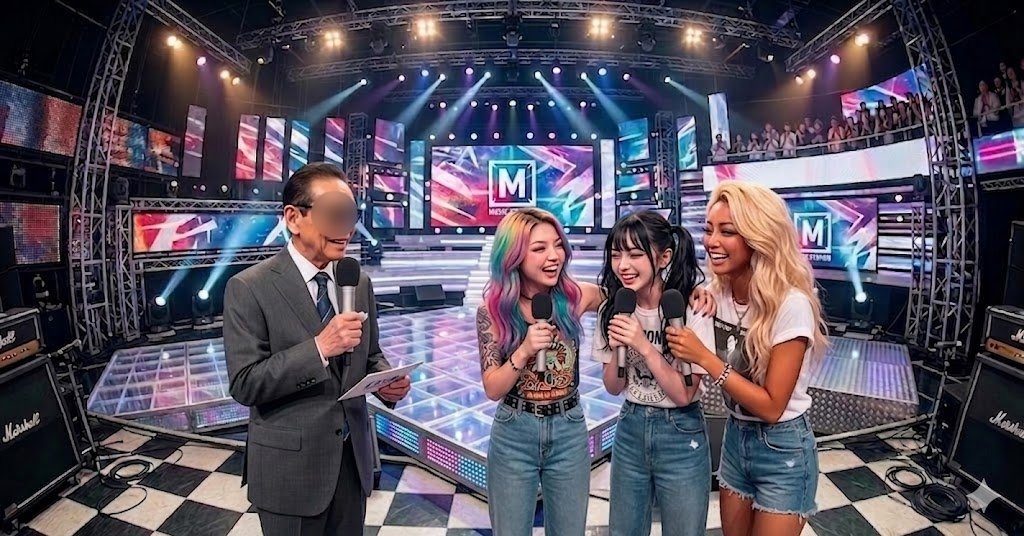 Three young women with microphones on a brightly lit stage, interacting with an older man holding a microphone and papers. The women have colorful hair and casual outfits, while the man is in a suit. The background features a large screen with a logo and stage lighting.