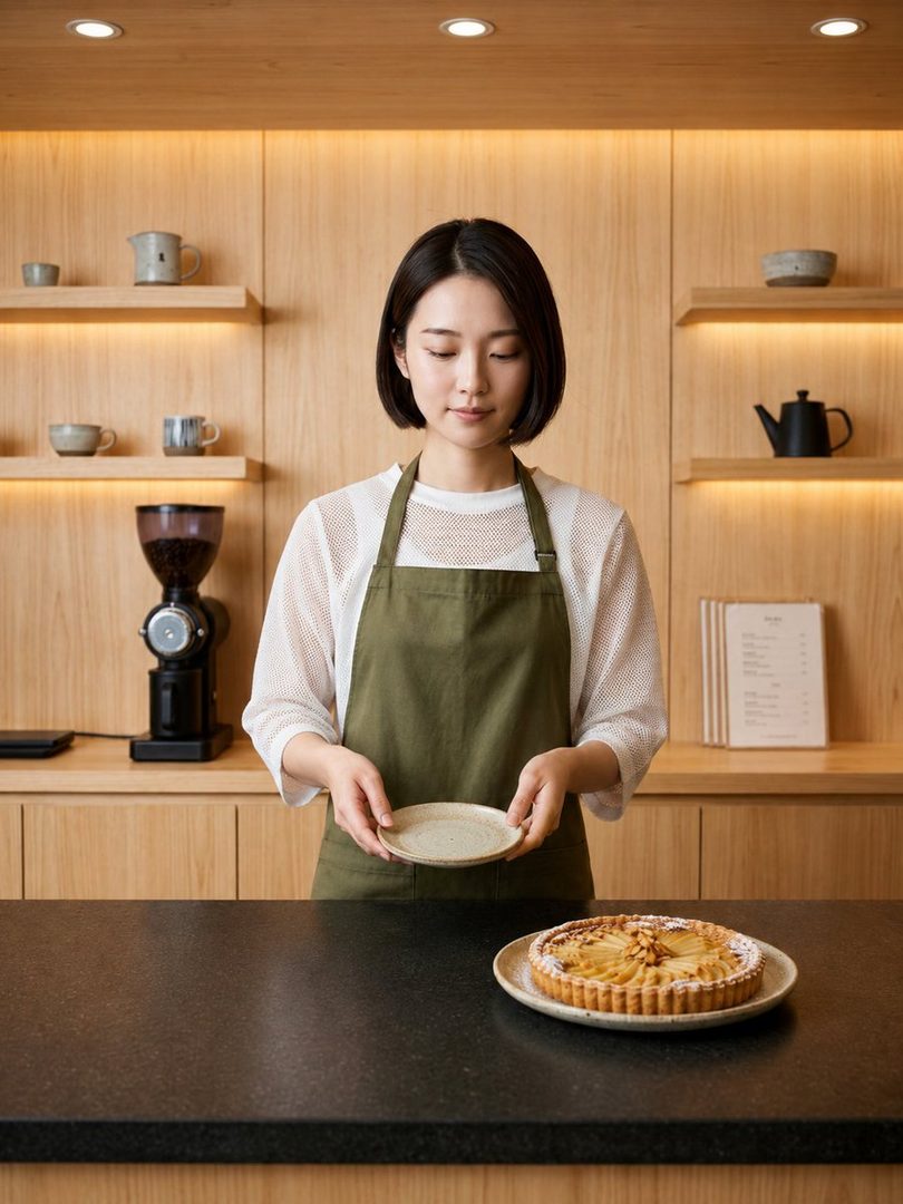 A young East Asian woman with short black hair, wearing a white mesh top and an olive green apron, stands in a cafe setting holding a small plate, with a pear tart on the counter.