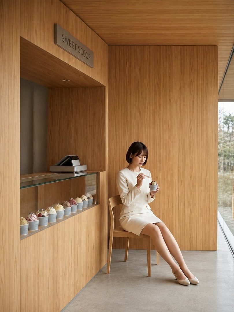 A woman in a white dress sits on a chair in an ice cream shop, eating ice cream.
