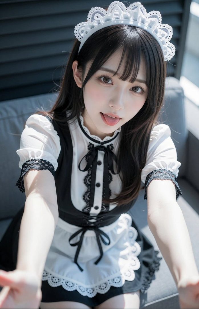 A young woman in a maid outfit with black hair and bangs, sticking her tongue out playfully, indoors.