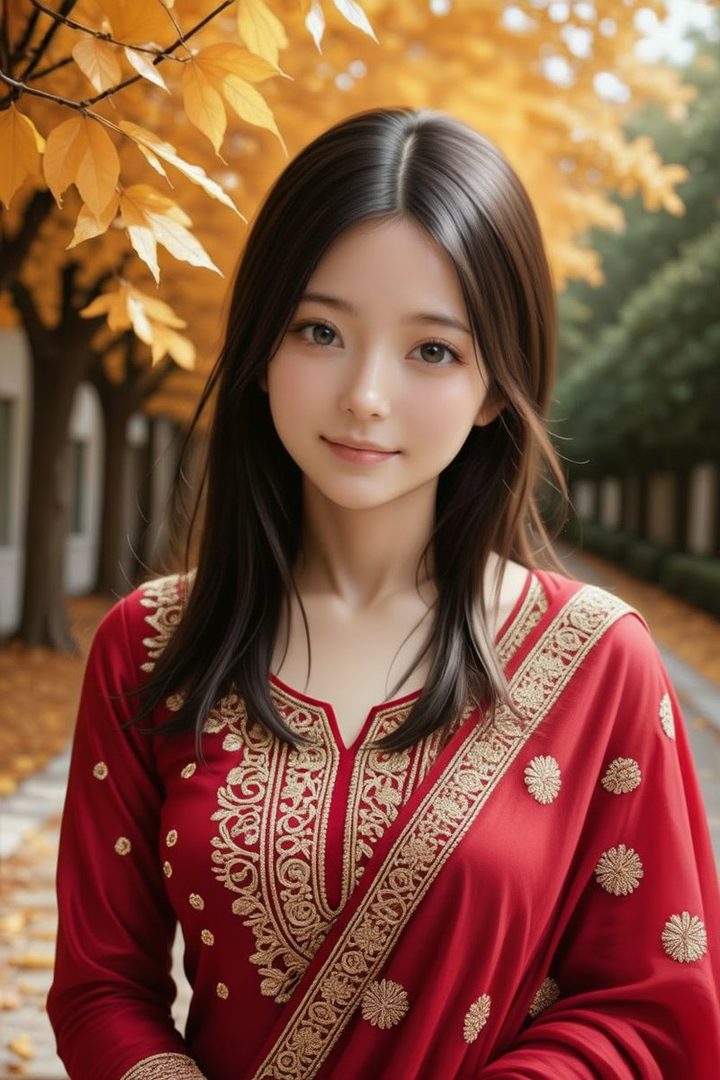 A beautiful AI-generated portrait of a young East Asian woman with long dark hair, wearing a red and gold embroidered outfit, posing outdoors with autumn leaves in the background.