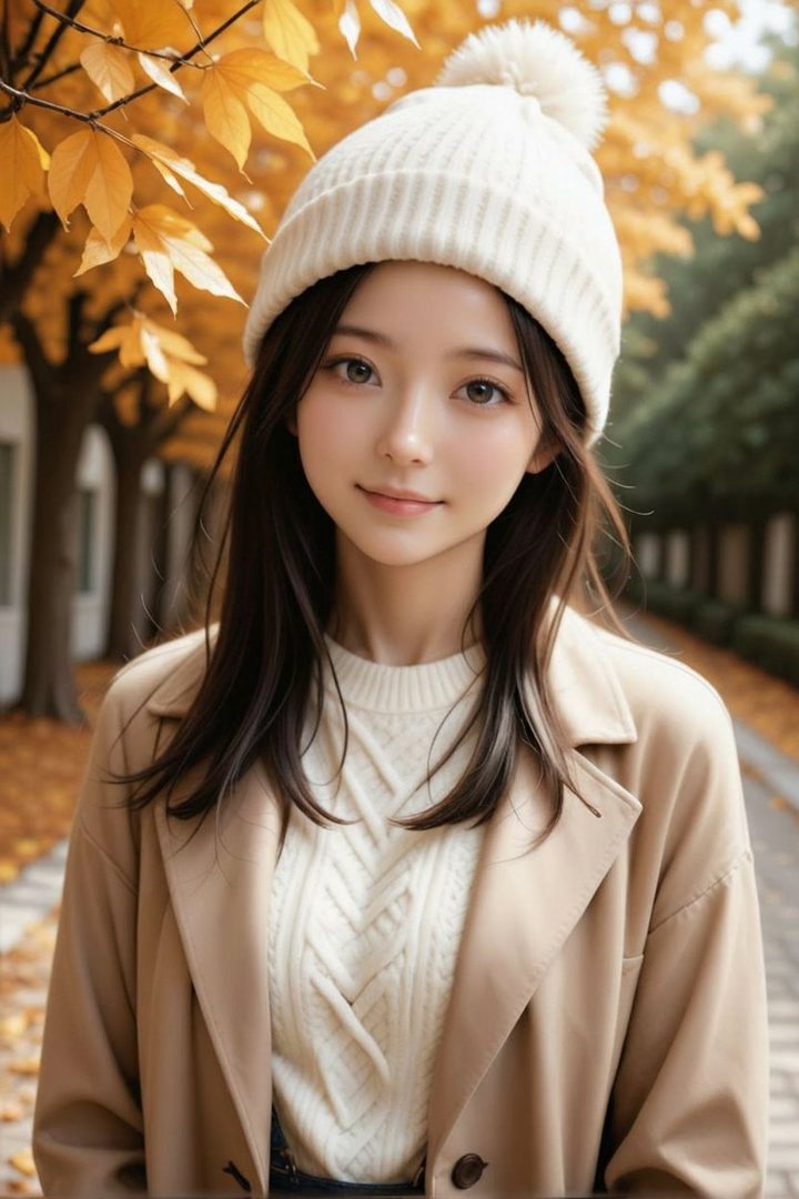 A young East Asian woman with long dark hair, wearing a white knit sweater, a beige coat, and a white beanie, smiles gently outdoors in autumn with yellow leaves in the background.