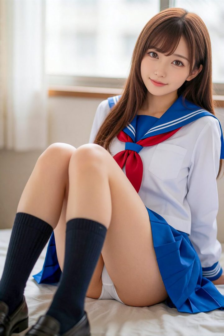 A young woman in a Japanese school uniform poses indoors, with long brown hair and a playful expression.