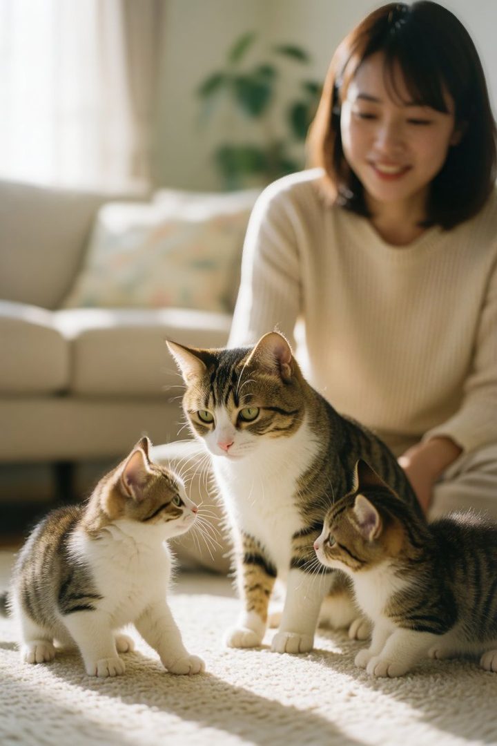 A young woman smiles warmly as she sits indoors with her three cats, two kittens and one adult cat, bathed in soft sunlight.
