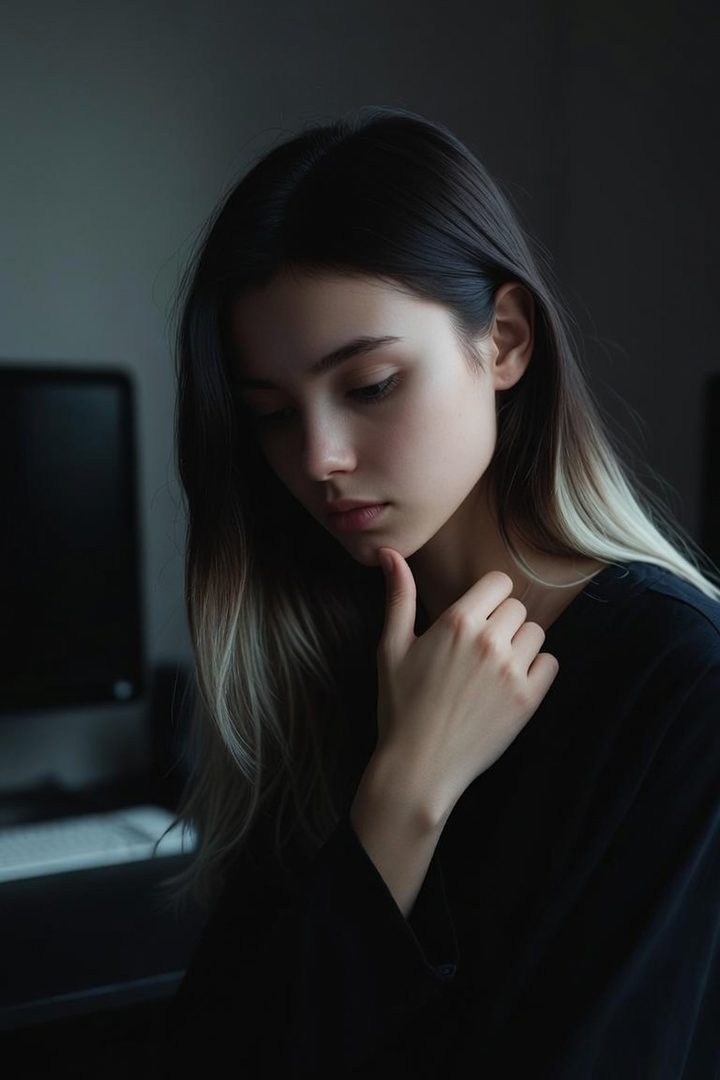 A young woman with long dark hair, looking down thoughtfully, with her hand on her chin, in an indoor setting.