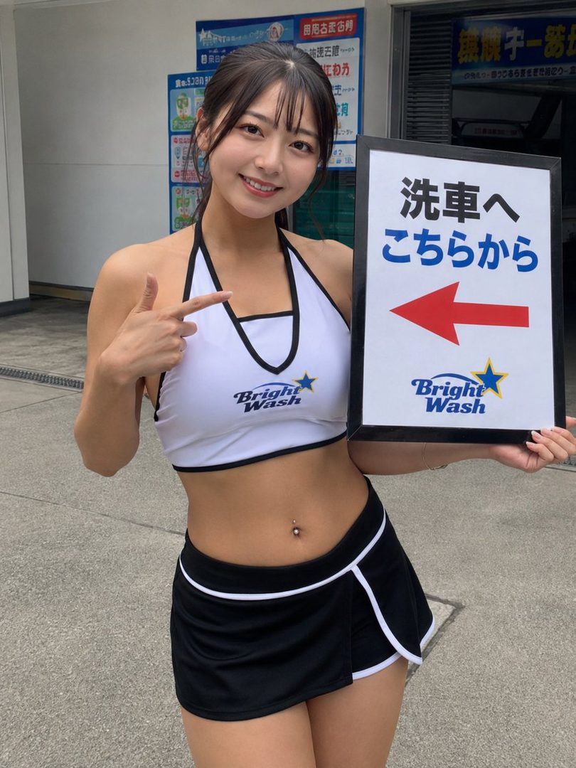 A young woman in a white halter top and black skirt points to a sign for a car wash.