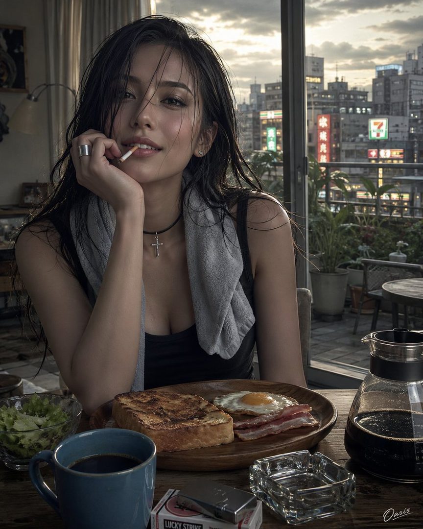 A young East Asian woman with long, wet black hair, wearing a black tank top and a silver ring, smokes a cigarette while posing for a portrait with a breakfast spread and a city view.