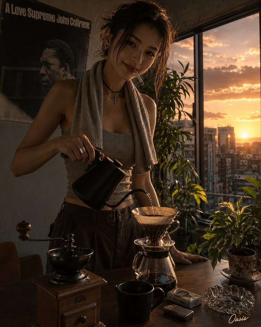 A young woman with a cigarette in her mouth pours coffee at sunset, with a city view.