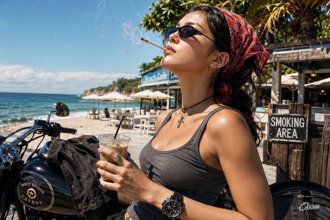A woman with dark hair tied back with a red bandana, wearing sunglasses and a grey tank top, sits by a motorcycle on a beach, smoking a cigarette and holding a drink.