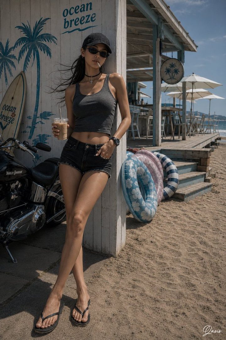 A young woman in a tank top and denim shorts stands on a sandy beach, leaning against a wooden post, holding a drink and smoking a cigarette.