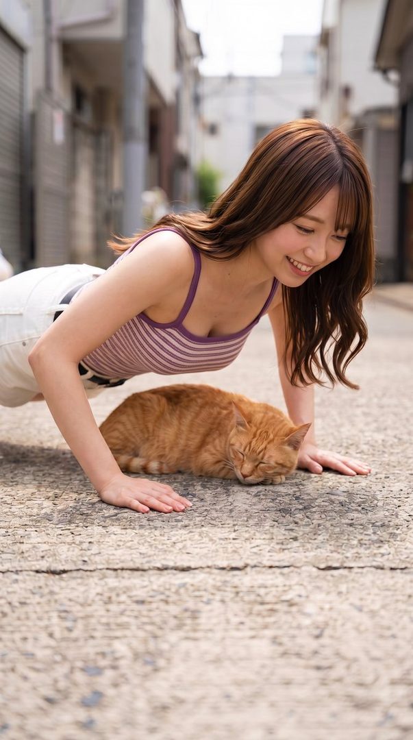 A young woman with long brown hair smiles as she leans down towards a sleeping orange cat on a paved alleyway.