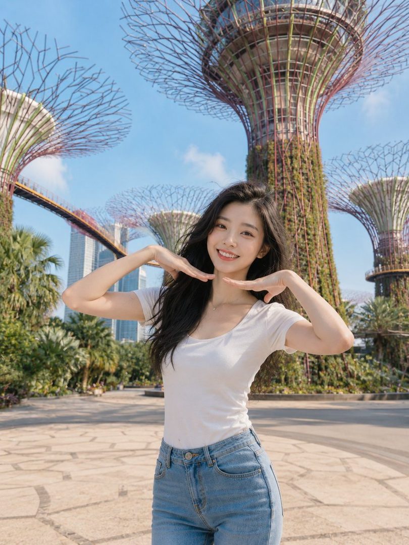 A smiling woman with long black hair poses playfully in front of the Supertrees at Gardens by the Bay in Singapore.