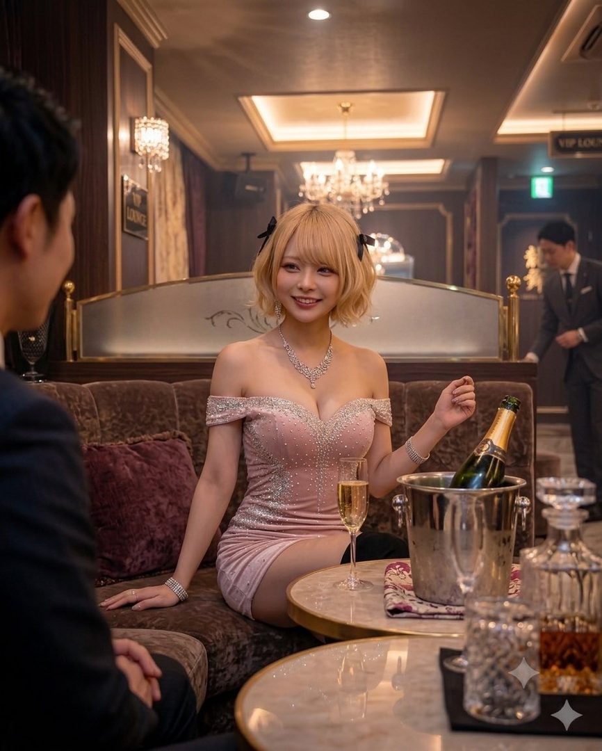 A beautiful AI woman with blonde hair and a sparkling pink dress sits in a luxurious lounge, smiling at a man across the table.