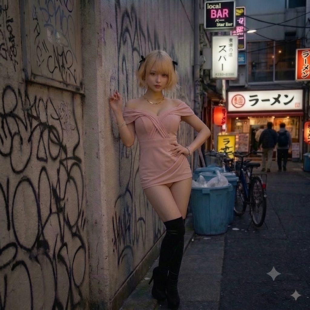 A young woman with blonde hair and a pink dress poses provocatively in a gritty urban alleyway at night.