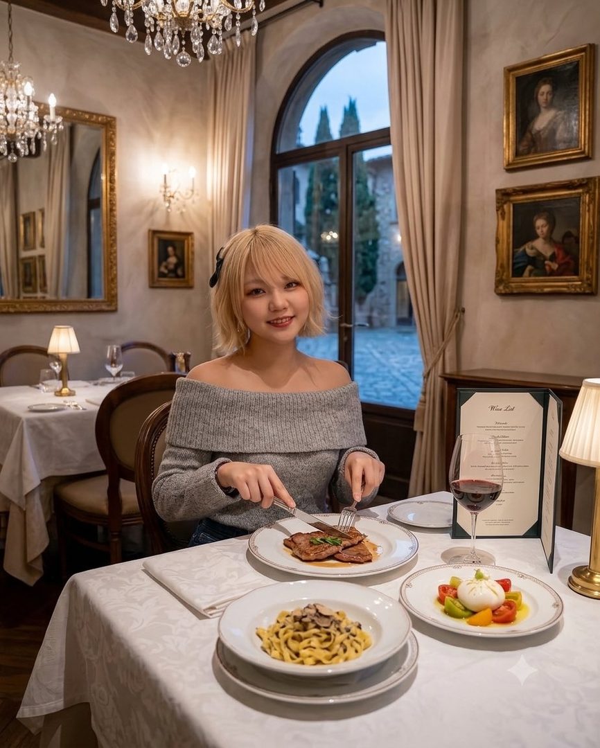 A young woman with short blonde hair smiles while sitting at a table in a restaurant, about to eat a meal.